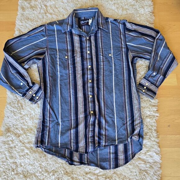 Wrangler Shirt Men 15.5 34 Blue Striped Pearl Snap BrushPopper Long Sleeve - Picture 1 of 8